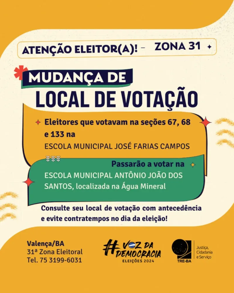 ATENÇÃO ELEITORES DA ZONA 31ª, TRE INFORMA: MUDANÇA EM LOCAL DE VOTAÇÃO EM VALENÇA E CAIRU